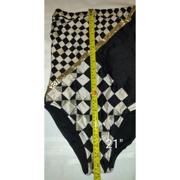 Vintage Gottex One Piece Swimsuit 12 Black White Gold Geometric Design Checkered - Picture 12 of 16